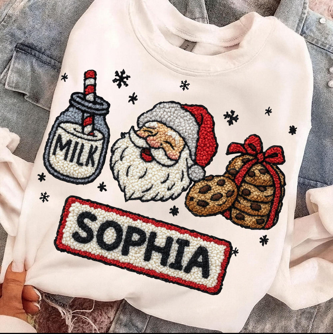 Milk and cookies with Santa faux yarn sweater